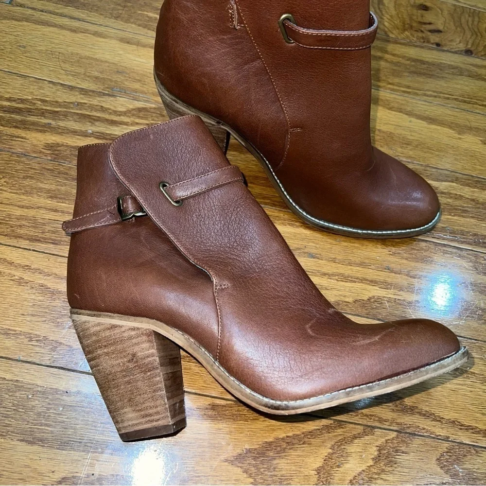 FARYL Brown Leather Stacked Heeled Booties with Buckle Size 10 - Picture 8 of 11